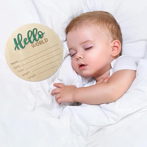 Image of Baby Announcement Sign, ​5.9 Inch Wooden Hello World Newborn Signs, Birth Announcement Sign, Baby Shower Hospital Nursery for Newborn Boys and Girls (Green,Pen)