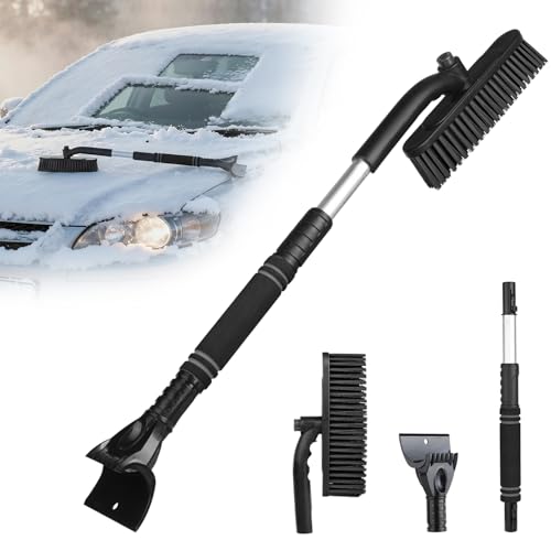 Gofady Extendable Ice Scraper for Car Windscreen，3-in-1 Car Ice Scraper Snow Brush with Brush & 360 Degree Rotating Head, Detachable Snow Scraper Non-Scratch for Car SUV Truck (Black)