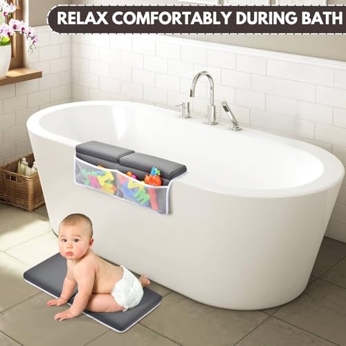 Image of Bath Kneeler and Elbow Rest pad Set with Baby Bath Brush and Sponge, Thick Non-Slip Bath Kneeler Mat with Padded Cushion, Quick Drying, Arm Support, Perfect Kneeling pad for Bathing Baby