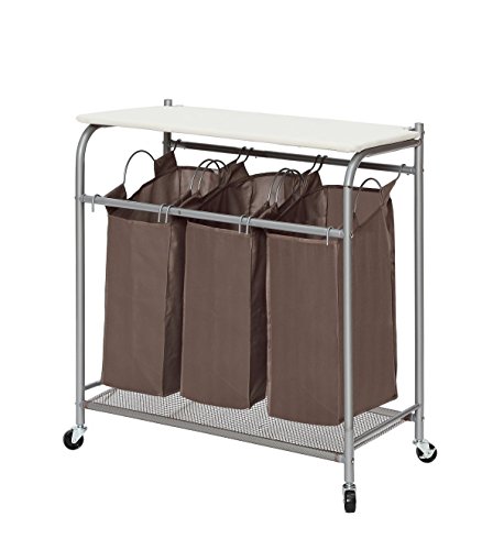 StorageManiac 3 Lift-off Bags Laundry Sorter with Foldable Ironing Board, Multifunctional Laundry Cart