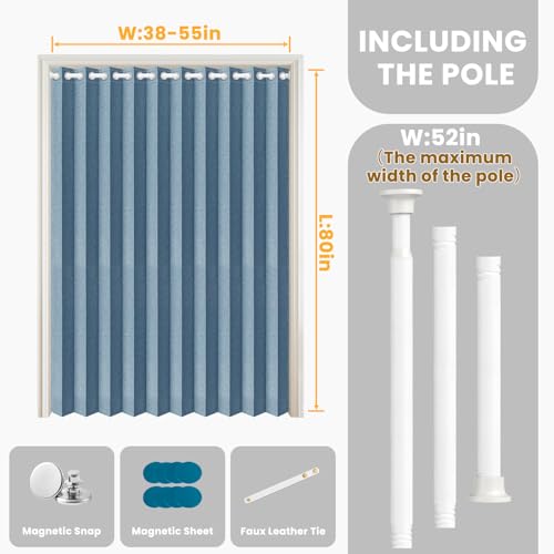 Image of Blackout Accordion Door with Curtain Rods Adjustable 28-52 inch Long, Accordion Doors Interior Invisible Magnetic Door Curtain for Bedroom Living Room Doorway Curtain Set, 1 Pack, W52 x L80 In, Blue