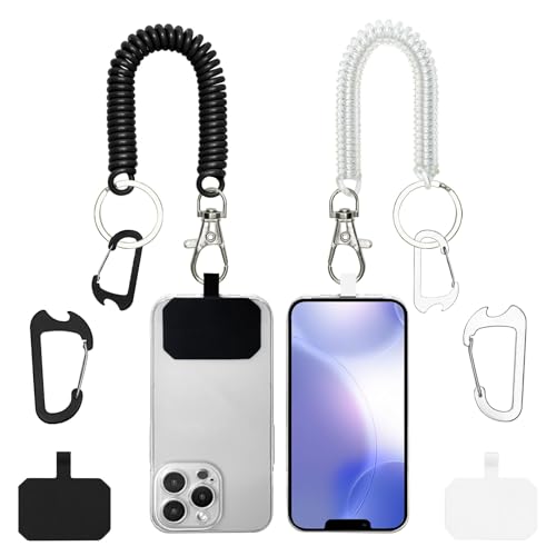 Mezrkuwr 2 Stück Federkordelbändern für Mobiltelefone, Handy-Tether-Lanyard, Anti-Diebstahl-Handyband mit Karabiner, passend für die meisten Handys (Schwarz+Transparent)