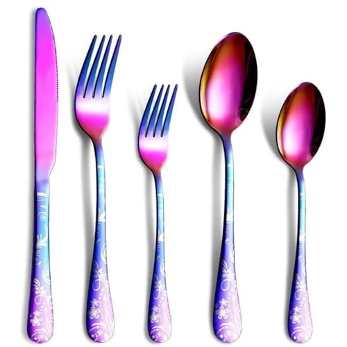 Image of aDai Rainbow Silverware Set | Satin Finish 5-Piece Flatware Set with Unique Floral Printed Handle | Dishwasher Safe Stainless Steel Cutlery for Home, Restaurant & Gifting