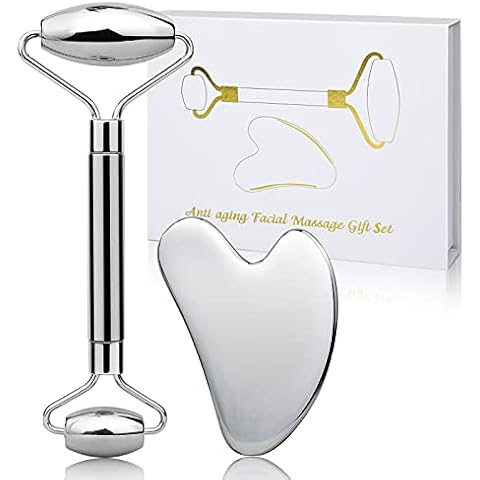 Pure Stainless Steel Gua Sha Set and Facial Massage Roller Instrument for Massage Face Eye and Neck, Practical Body Care Facial Massage Tools Cover