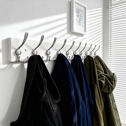 Image of SKOLOO Creations White Solid Wood Wall Mounted Coat Rack, 10 Hooks, 38-1 /8 inch Long - Kitchen, Mudroom, Entryway, Bathroom - Includes Mounting Hardware, Wall Coat Hanger, Towel Rack