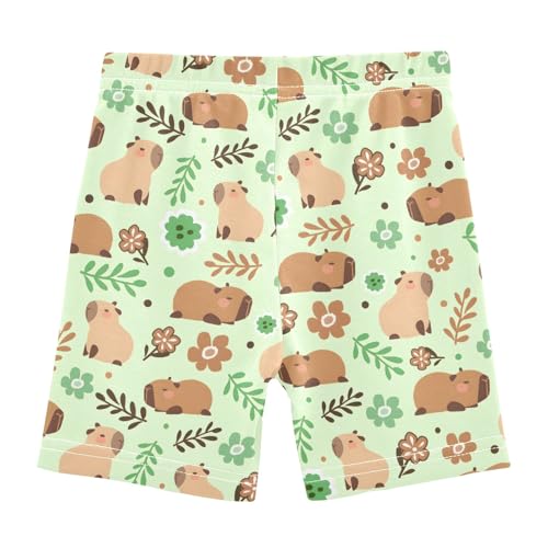 Cute Capybara Green Flowers Girls Shorts Elastic Waist Sports Shorts Girls Leggings Pants for 4-10 Years2