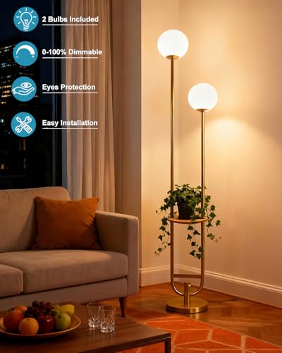 Image of Lightdot 63IN Gold Floor Lamp with Table 2 Globe Mid Century Standing Lamps with 3000K LED Bulbs Unique U-Pole Vintage Floor Lamp with 5Lbs Heavy Base for Living Room /Party /Sofa Beside /Corner Decor