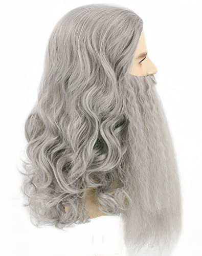 LeMarnia Grey Men's Long Curly Wig and Beard Halloween Cosplay Costume Wig, Gray, 18 Inch (Pack of 1) - Image 4