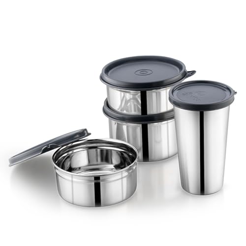 Image of Pigeon Vibe Stainless Steel Lunch Carrier Set of 3 Containers (250ml, 350ml & 500ml) with Leak Proof Lid | Insulated Lunch Bag + Glass with Lid Included | Office & School Tiffin Box