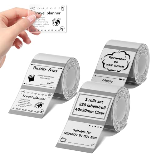 Image of NIIMBOT Labels 3 Rolls Set for B1 /B21 /B31 Sticker Printer, 40x30mm (1.57'' x 1.18'') 230 Labels /Roll, Refill Labeling Tape for Home School Office Small Business (Clear)