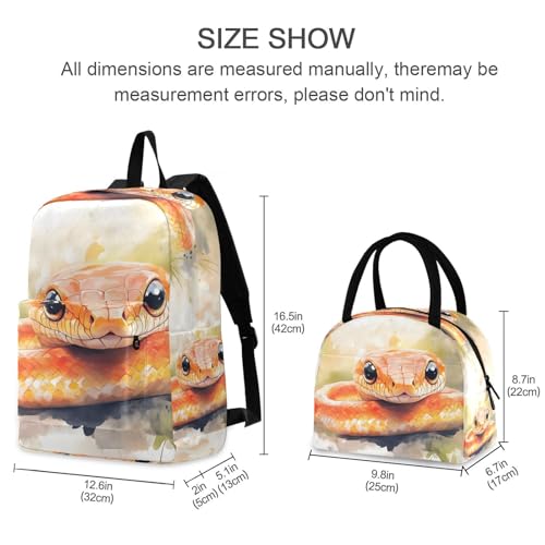 Backpack Lunch Box Set Large Capacity Travel Backpacks and Insulated Lunch Bag for Commute Hiking Picnic Orange Snake Print2