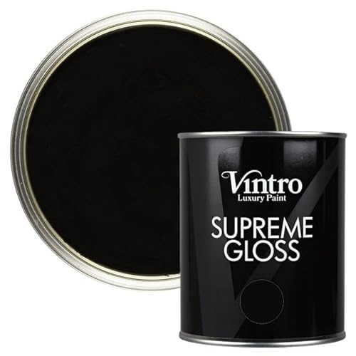 Vintro Paint | Gloss Paint | for Walls | Wood | Trim | Gloss Furniture Paint | Interior & Exterior Use. 1 Litre (Black - Victorian Black)
