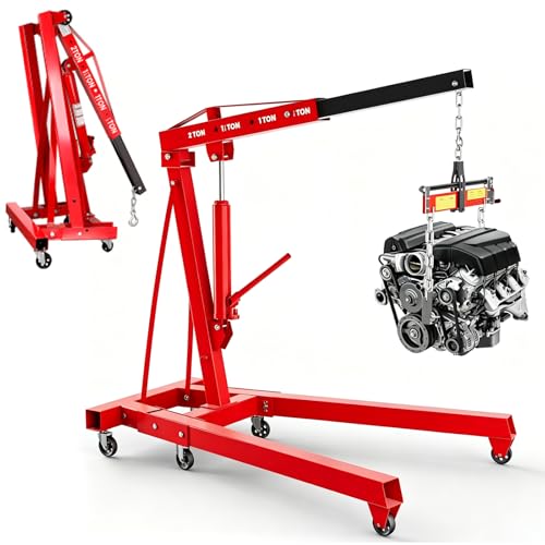 3 Ton Folding Hydraulic Engine Hoist 7000 LBS Heavy Duty Cherry Picker Engine Lift with Telescopic Boom Load Leveler 6 Casters & High Power Hydraulic Pump Portable Shop Crane for Garage Workshop