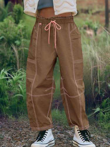 Fisoew Womens Baggy Cargo Pants Elastic Waist Contrast Stitch Track Pants Loose Hiking Joggers with Pockets3