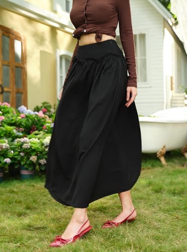 Casual Boho A-Line Ruffle Trim Pleated Maxi Skirt High Waisted Flowy Swing Long Skirts for Women Trendy3