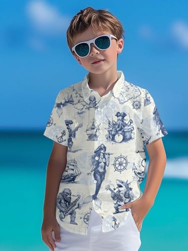 Image of THE PIRATE KING Funny Pirate Hawaiian Shirt Boys Girls Beach Tropical Casual Short Sleeve Button Down Shirt for 5-14 Years