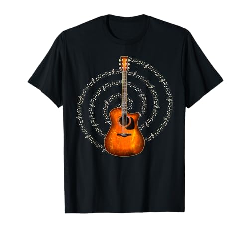 Guitarra Acústica Con Notas Musicales En Espiral Camiseta