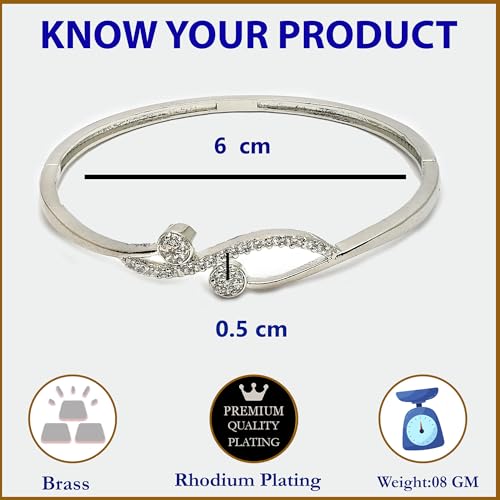 Image of ZENEME Rhodium Plated Silver Toned American Diamond Studded Grace Line Kada Bracelet For Women
