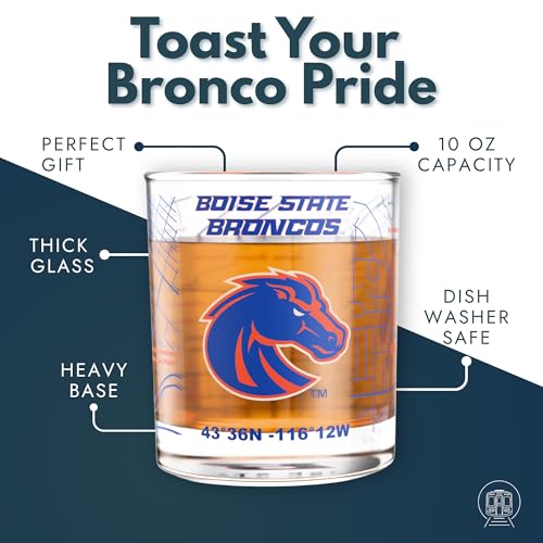 Image of Greenline Goods - Boise State University Broncos College Whiskey Glasses (Set of 2), 10 oz - Full-Color Logo + Campus Map