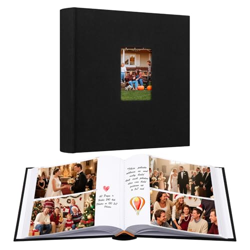 Aevdor 240 Pockets 4x6 Photo Album with Writing Space, Large Capacity Photo Album 4x6 Holds 240 Photos, Linen Cover Acid Free Photo Book with Memo for Baby Family Anniversary Wedding Pictures, Black