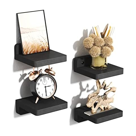 SRIWATANA Small Floating Shelves Wall Mounted, 4 Inch Wood Shelf for Decoration and Storage Set of 4, Mini Display Shelf for Bedroom, Bathroom, Kitchen, Office (Weathered Black) Cover