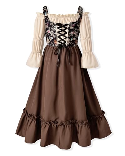 fioukiay Renaissance Dress Kids Girl Ren Faire Dress 8-9 Beige and Brown 8-9 Years