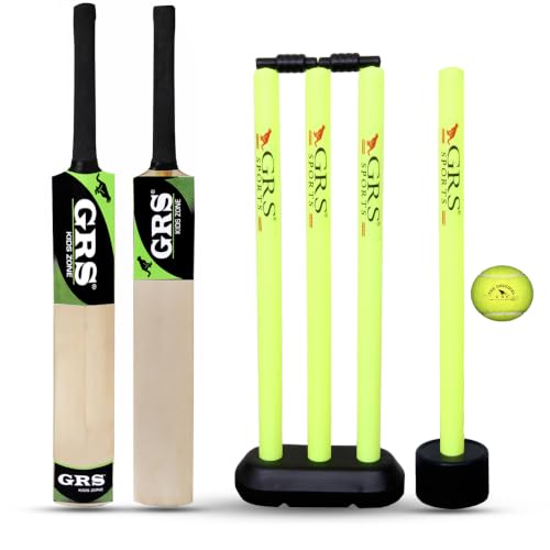 Image of GRS Sports Size 3 Kids Cricket Kit Combo (Ages 5-9 Years) - Premium Wooden Cricket Bat, 1 Heavy Plastic Wicket Set, 1 Single-Base Stand, 1 Target Stump for Bowling Practice, and 1 Tennis Ball