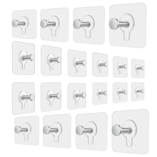 Image of DALUCI Photo Frame Hook for Wall Without Drilling - 20 Pcs Self Adhesive Heavy Duty Hooks, Nail Free Transparent & Stainless Steel Hanging Hooks for Frames, Clocks, Kitchen & Bathroom (Pack of 20)