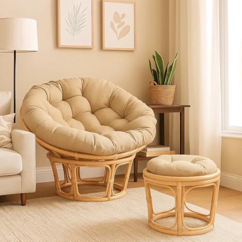 Image of IRA Papasan Tub Chair with Cushion and Stool | Foldable Wooden Accent Chair with Adjustable Backrest | Comfortable Single Seater for Living Room, Bedroom | Stylish Chair with Ottoman (Brown)