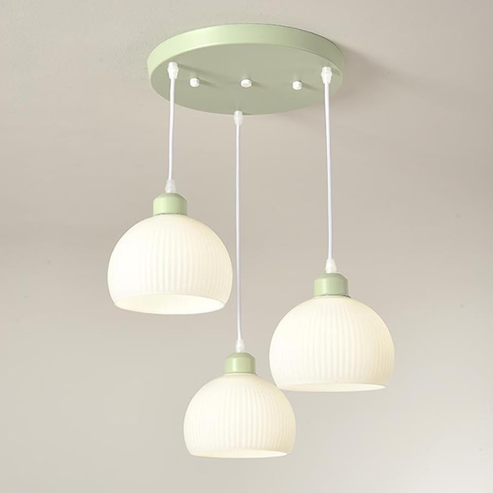 PCXEHUYP 3 Light Fixture Green Nordic Pendant Lighting Kitchen Island Mid Century Milk Glass Hanging Lamp Ceiling Farmhouse Chandelier for Bedroom Dining Table Stairwell Staircase