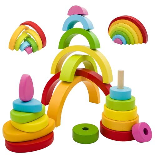 RunHero 3-in-1 Montessori Stapelspielzeug Holzbausteine Regenbogen...