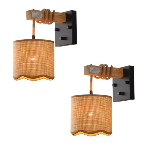 Image of Rattan Wall Sconce with Hemp Rope Wood arm for Boho Farmhouse Bedroom | Wood arm & woven shade. Single pack,On /Off Dimmable Switch fast install, fits farmhouse boho decore,1*E12 bulb sockets