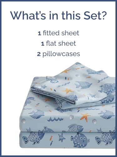 Image of Kids Queen Size Blue Fish Bed Sheets - 4 Piece Kids Blue Fish Sheet Set | Blue Fish Themed Bedding, Ultra-Soft, Cute & Cozy, Breathable & Machine Washable, Bed Set for Boys, Girls & Teens, Breathable