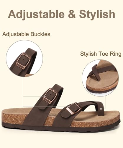 Image of KIDMI Women's Cork Footbed Sandals with Toe Loop, Comfortable Summer Slip-On Slides with Adjustable Buckle