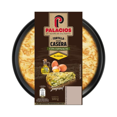 Tortillas PALACIOS, La Tortilla Española con Cebolla y Sin Cebolla, Chorizo, Espinacas,Calabacin y los Pinchos de Tortilla ( Refrigerado) (3 Tortilla de patata con espinacas y AOVE, 300 Gr.)