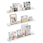 SONGMICS Floating Shelves Set of 3, Wall Shelves Ledge, 10 x 80 cm, for Picture Frames and Books, Living Room, Hallway, Bedroom, Bathroom, Kitchen, Office, White LWS081W01