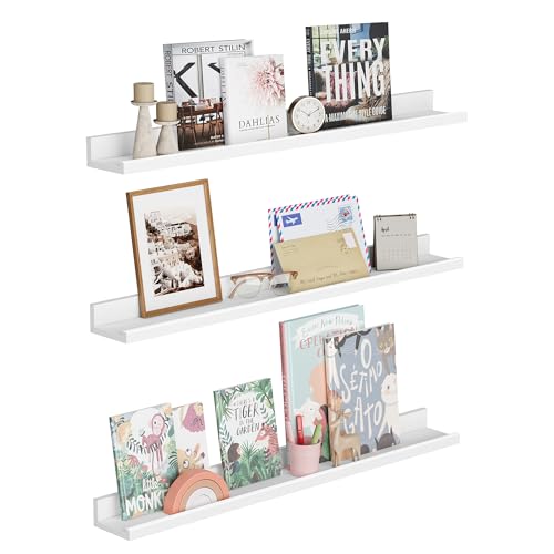 SONGMICS Estantes de Pared, Juego de 3, Estantes Flotantes, Ancho de 80 cm, Estantes Colgantes, para Marcos de Fotos y Adornos, para Salón, Oficina en Casa, Baño, Cocina, Blanco LWS081W01