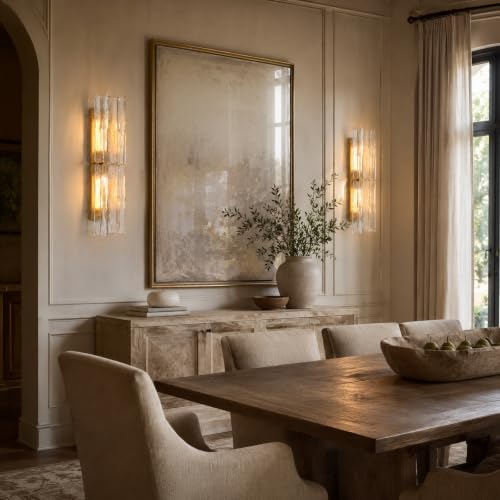 Image of 30 Inch Water Ripple Glass Wall Sconce, Hardwired Brass Sconce, Included Bulb