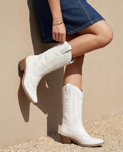 Image of Rivalran Cowboy Boots for Women - Cowgirl Boots with Embroidery, Chunky Heel Pointed Toe Pull-on Vintage Western Mid Calf Fashion Boots for Ladies