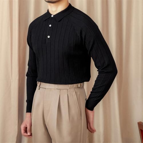 Men Button Lapel Long-Sleeved Sweater Classic Slim-Fit Solid Color Stripe Pullover Jumper3