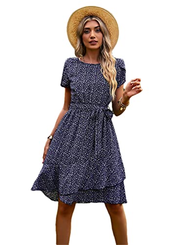 Robe vintage décontractée bleue imprimé floral pour look chic