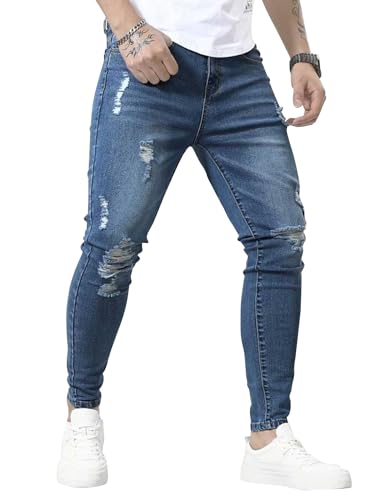 HUNGSON Skinny Jeans for Men Stretch Slim Fit Ripped Distressed(Blue,36)4