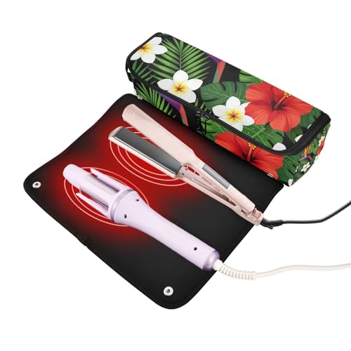 Estuche de viaje 2 en 1 para plancha rizadora con tapete resistente al agua para planchas y rizadores, diseño de palma y flores de hibisco miniatura 2