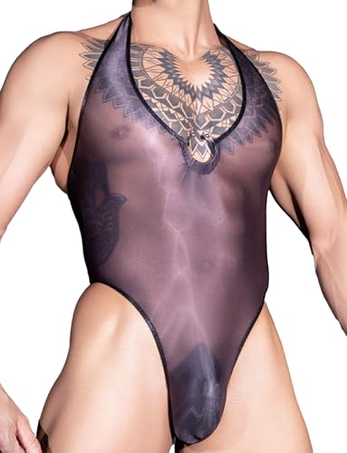 AIEOE Männer Bodysuit Durchsichtig Netz Bodywear Einteiler Unterhemd Lingerie Party Outfit Gymwear Halterneck Schwarz Einheitsgöße für Größe S-L