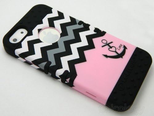 New 3-piece Iphone 5/5s Impact Hybrid Combo Rugged Hard Case Cover Soft Skin (Pink Anchor Chevron)
