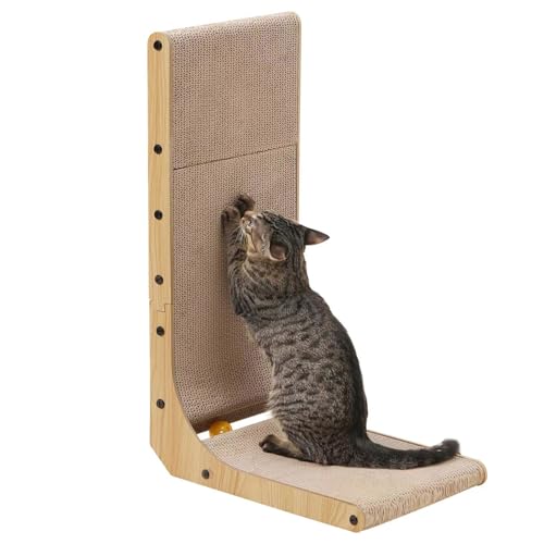 FUKUMARU Tiragraffi per Gatti, Tiragraffi Verticale a Forma di L Alto 68 cm, Giochi Gatto con Palla Giocattolo, Tappetini Tiragraffi per Gatti in Cartone di Alta Qualità per Pareti e Angoli.