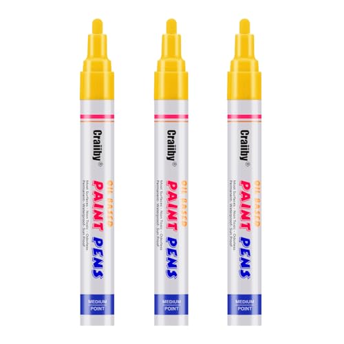 Yellow Paint Markers 3 Pack Oil-Based Waterproof Quick Dry Permanent Paint Pen Set for Rocks Painting Wood Fabric Plastic Canvas Glass Mugs Metal Tire Stone DIY Craft