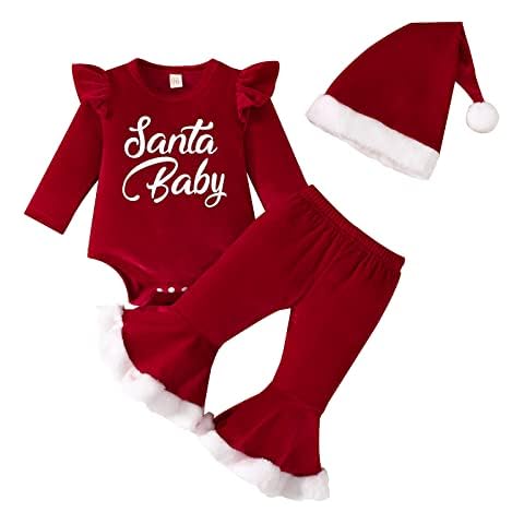 Youweixiong My 1st Christmas Outfit Newborn Girl Santa Baby Ruffle Long Sleeve Romper Top+Flare Pants+Hat Red Velvet Xmas Clothes 3Pcs (Red, 3-6 Months) Cover