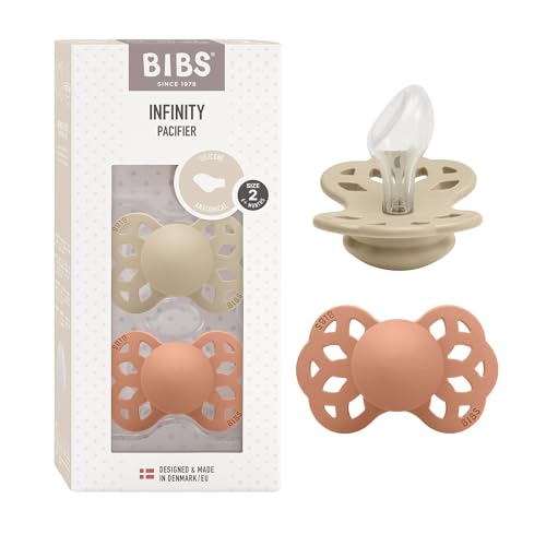 BIBS Infinity Anatomical Soother 2-Pack, BPA Free, Orthodontic Silicone Nipple, Orthodontic Nipple. Silicone, Made in Denmark, 6-18 Months (Pack of 2), Vanilla/Peach