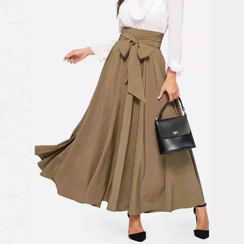 Women's Solid Color Simple Casual Front lace up Skirt, high Waist Slimming A-line Long Skirt4